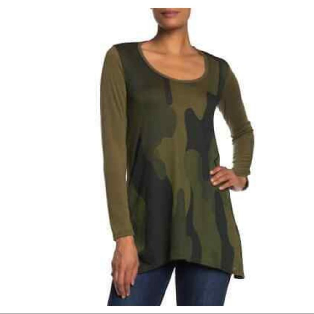 Go Couture Olive Camo HIgh-Low Long Sleeve Handkerchief Tunic Sweater Top XL